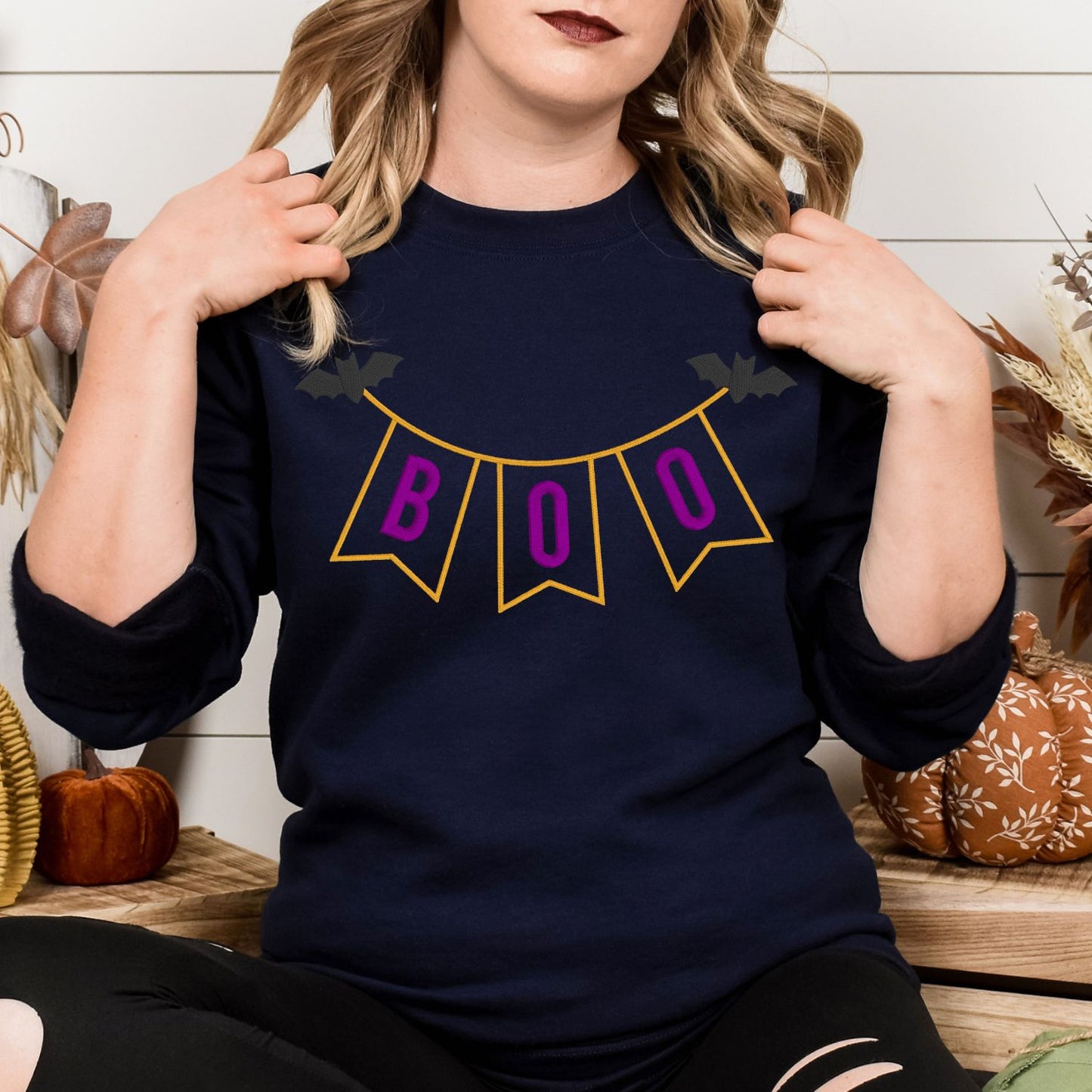 Halloween BOO Banner Applique Embroidery Shirt | Fall Pumpkin Patch Outfit | Spooky Season Sweatshirt | Cute Bats & Pennant Top