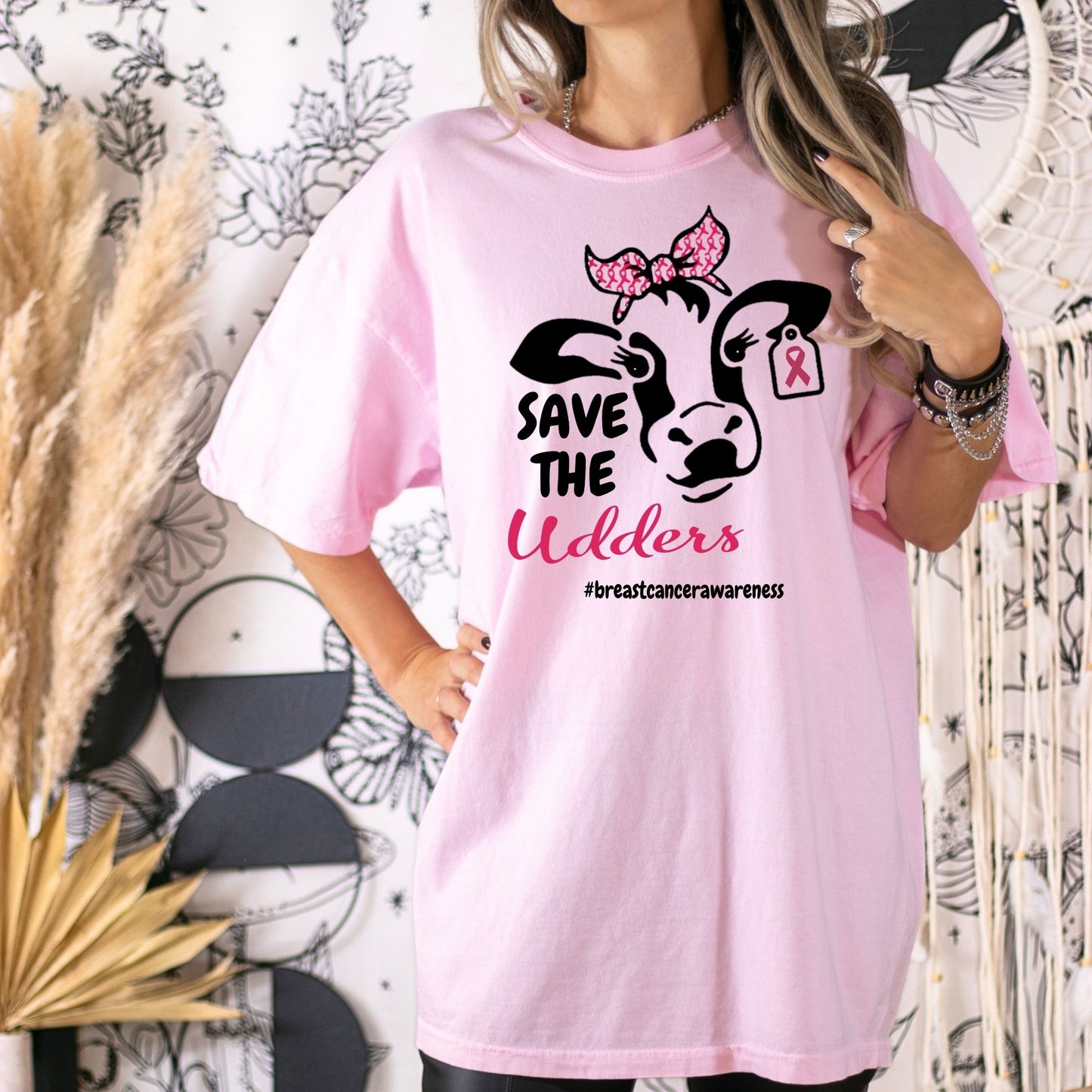 Cow Graphic Tee – Funny Farm Shirt – Pink Awareness Support – Save the Udders – Women’s Comfort Fit DTG T-Shirt