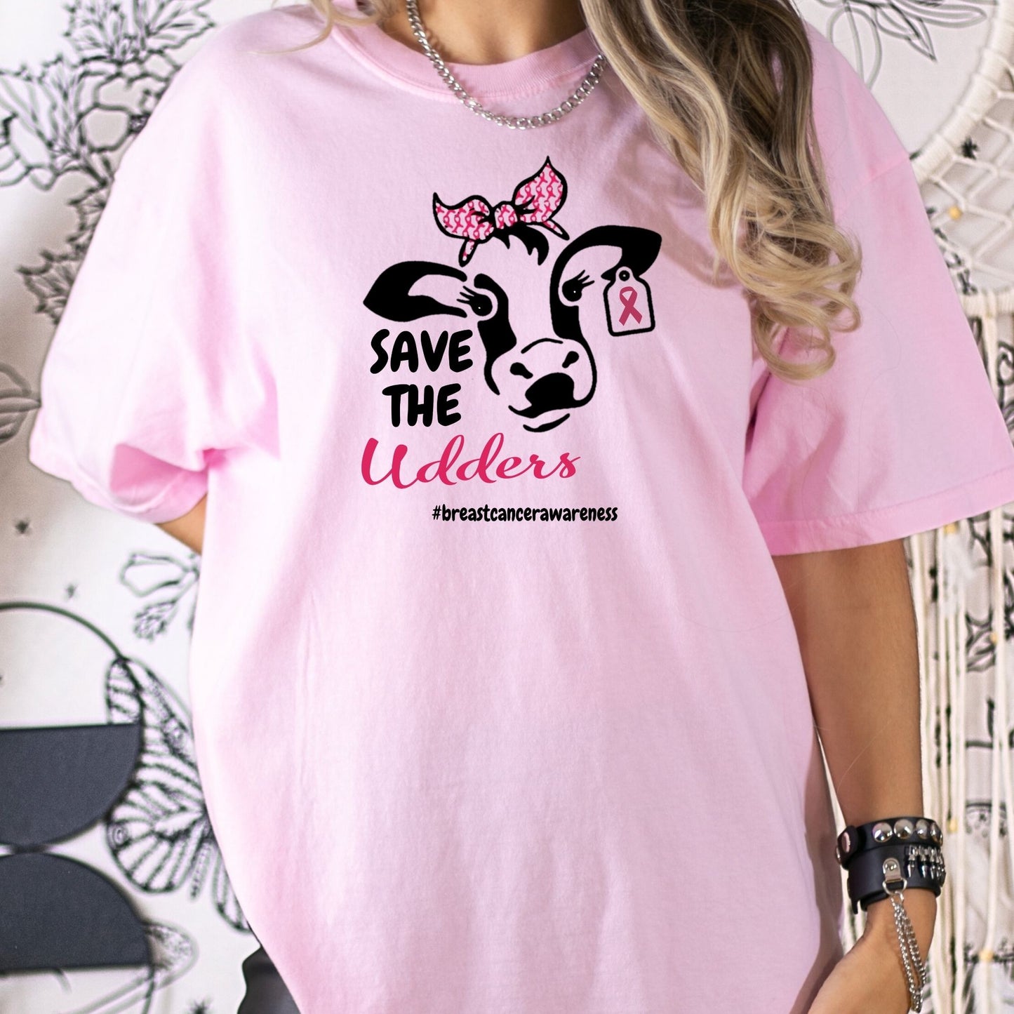 Cow Graphic Tee – Funny Farm Shirt – Pink Awareness Support – Save the Udders – Women’s Comfort Fit DTG T-Shirt