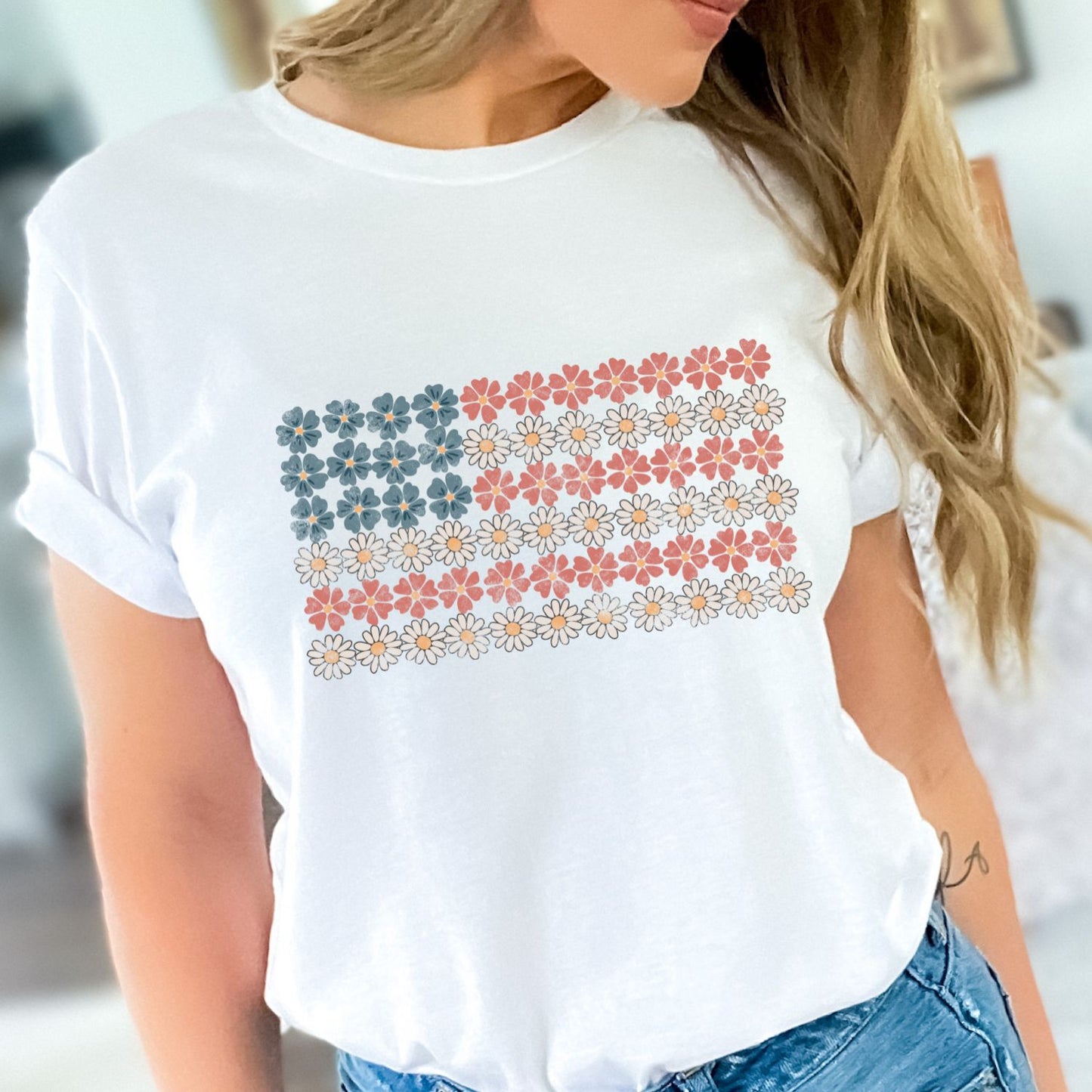 Patriotic floral tshirt or crewneck for women, floral american flag, patriotic holiday, 4th july tshirt
