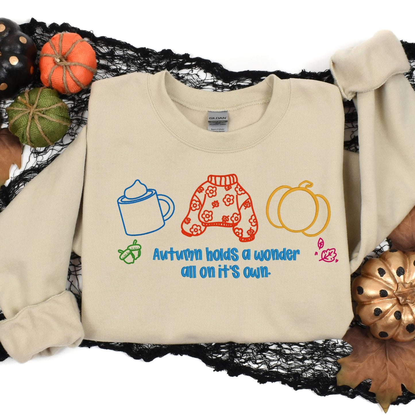 Cozy Autumn Embroidered Sweatshirt – Fall Sweater, Pumpkin, and Coffee Outline – Autumn Quote Embroidery Gift