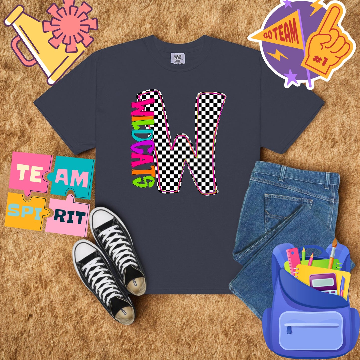 Rainbow Wildcats Bow Spirit Shirt | Checkered Game Day Graphic Tee | Back to School Team Pride Tee (Copy) (Copy) (Copy) (Copy) (Copy)