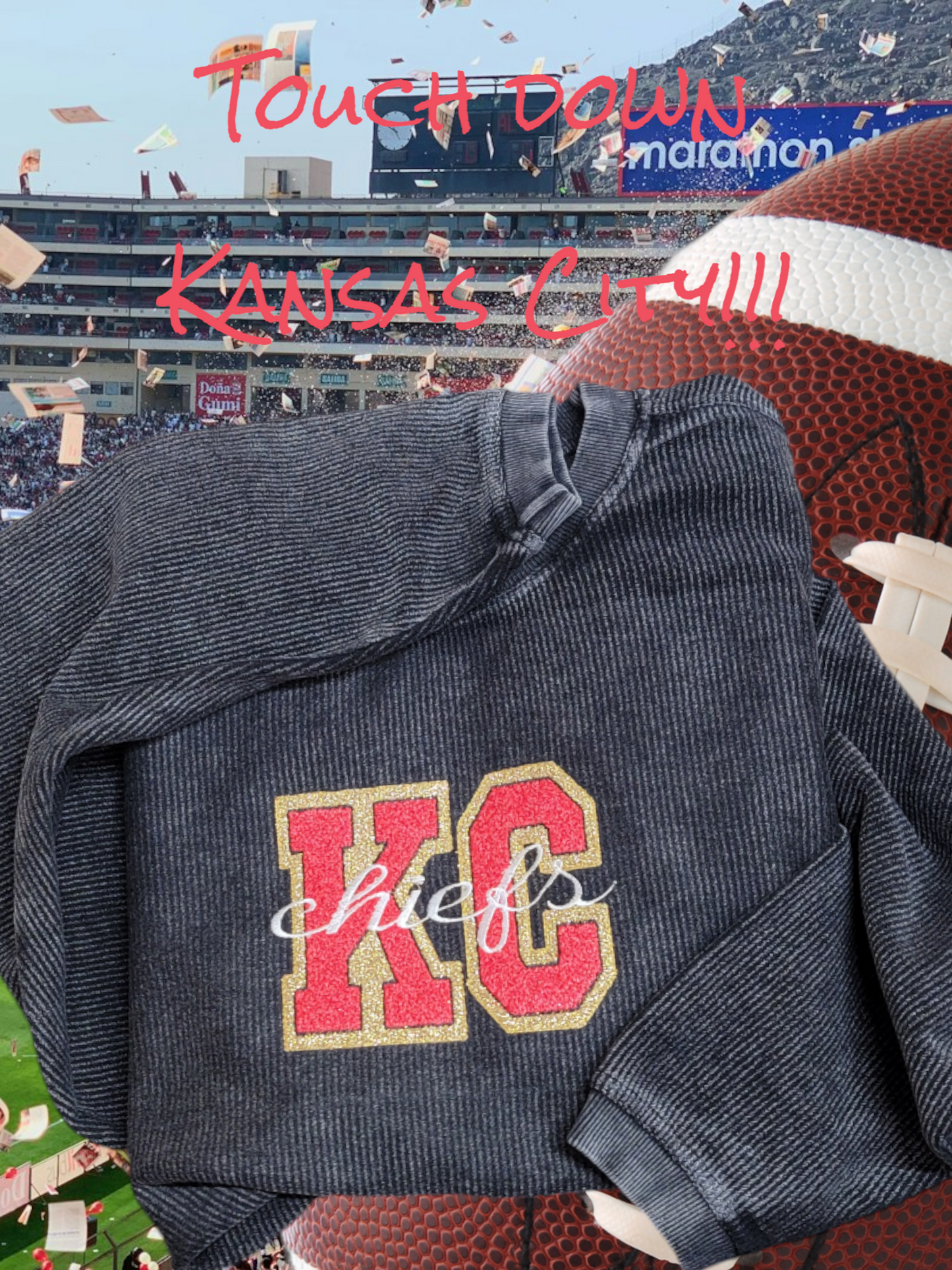 Custom KC faux chenille/HTV double applique corded crew sweatshirt