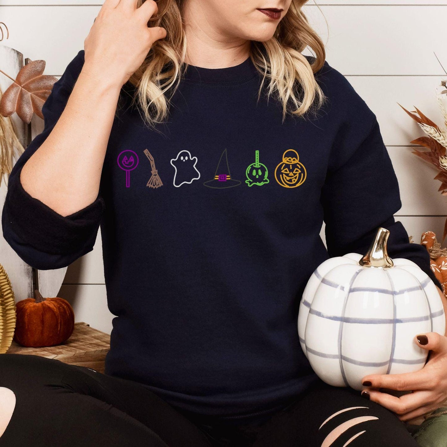 Halloween Candy Ghost Witch Hat Pumpkin Sweatshirt – Cute Fall Embroidery Shirt – Cozy Autumn Crewneck for Spooky Season