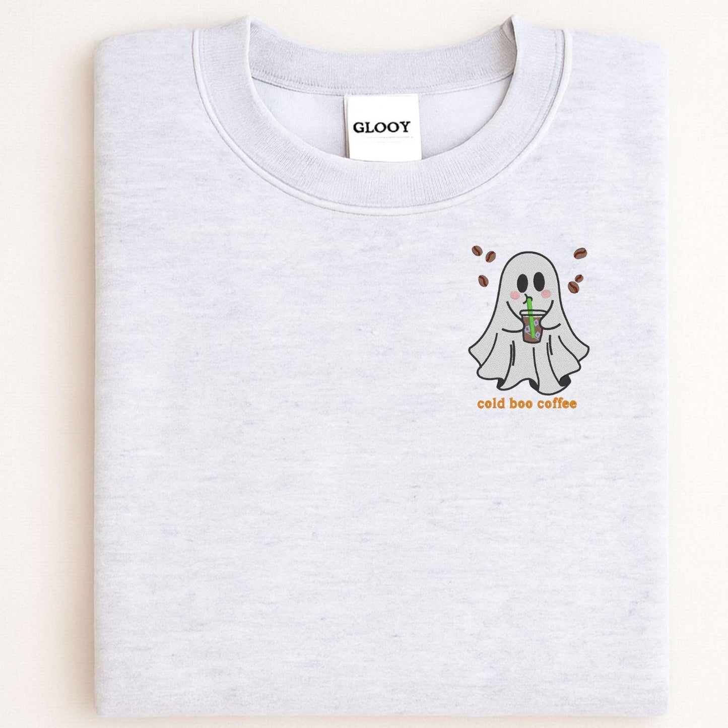 Cold Boo Coffee Ghost Embroidery Sweatshirt | Halloween Fall Coffee Lover Shirt | Spooky Cute Ghost Crewneck | Cozy Autumn Pullover
