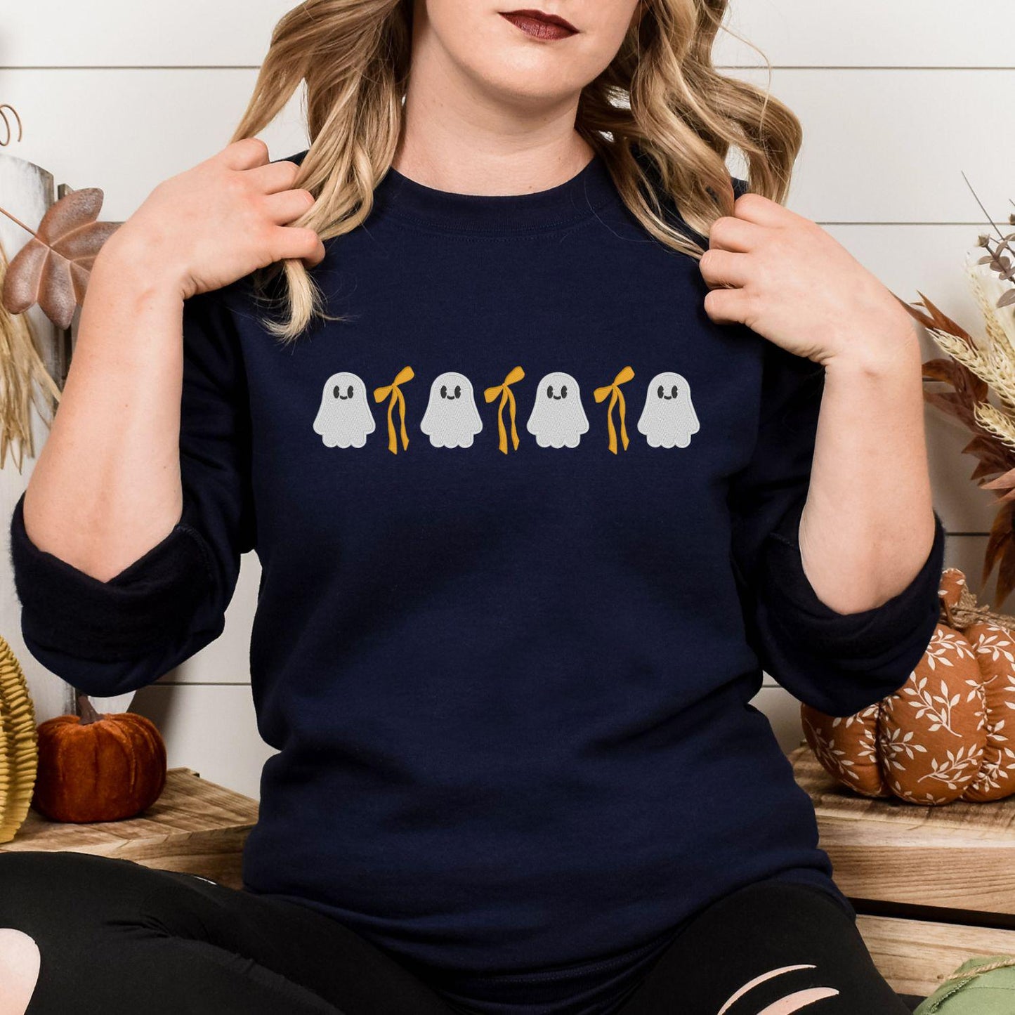 Cute Ghost and Bow Embroidery Sweatshirt • Halloween Crewneck • Fall Ghost Shirt • Cozy Autumn Embroidered Pullover for Women