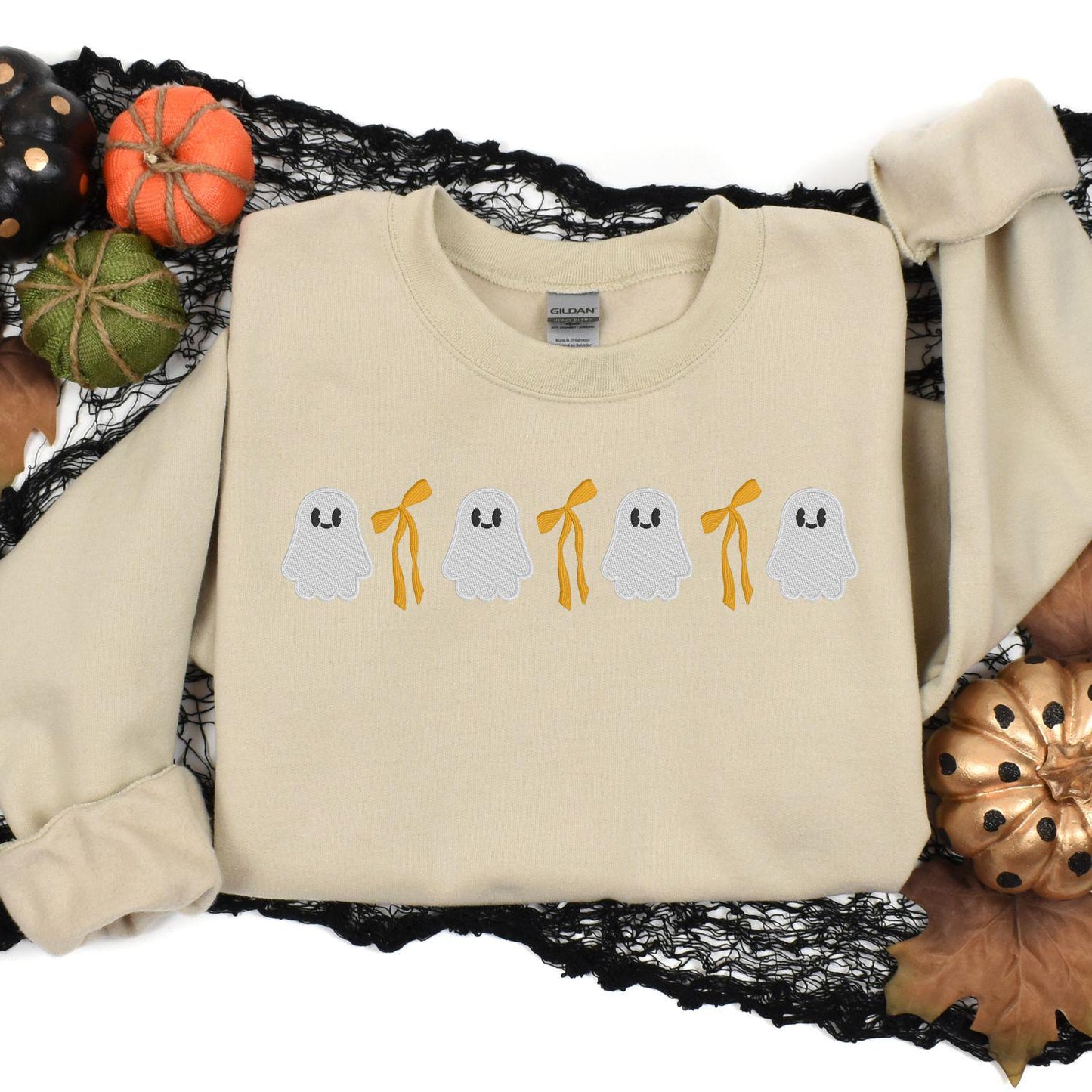 Cute Ghost and Bow Embroidery Sweatshirt • Halloween Crewneck • Fall Ghost Shirt • Cozy Autumn Embroidered Pullover for Women