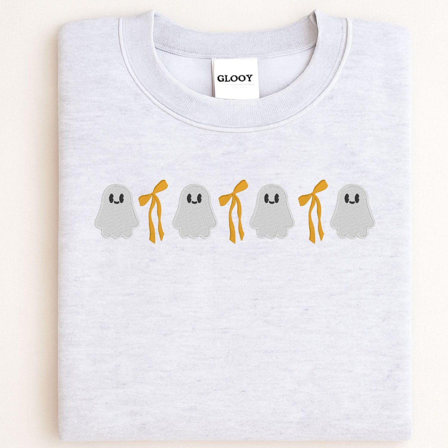 Cute Ghost and Bow Embroidery Sweatshirt • Halloween Crewneck • Fall Ghost Shirt • Cozy Autumn Embroidered Pullover for Women