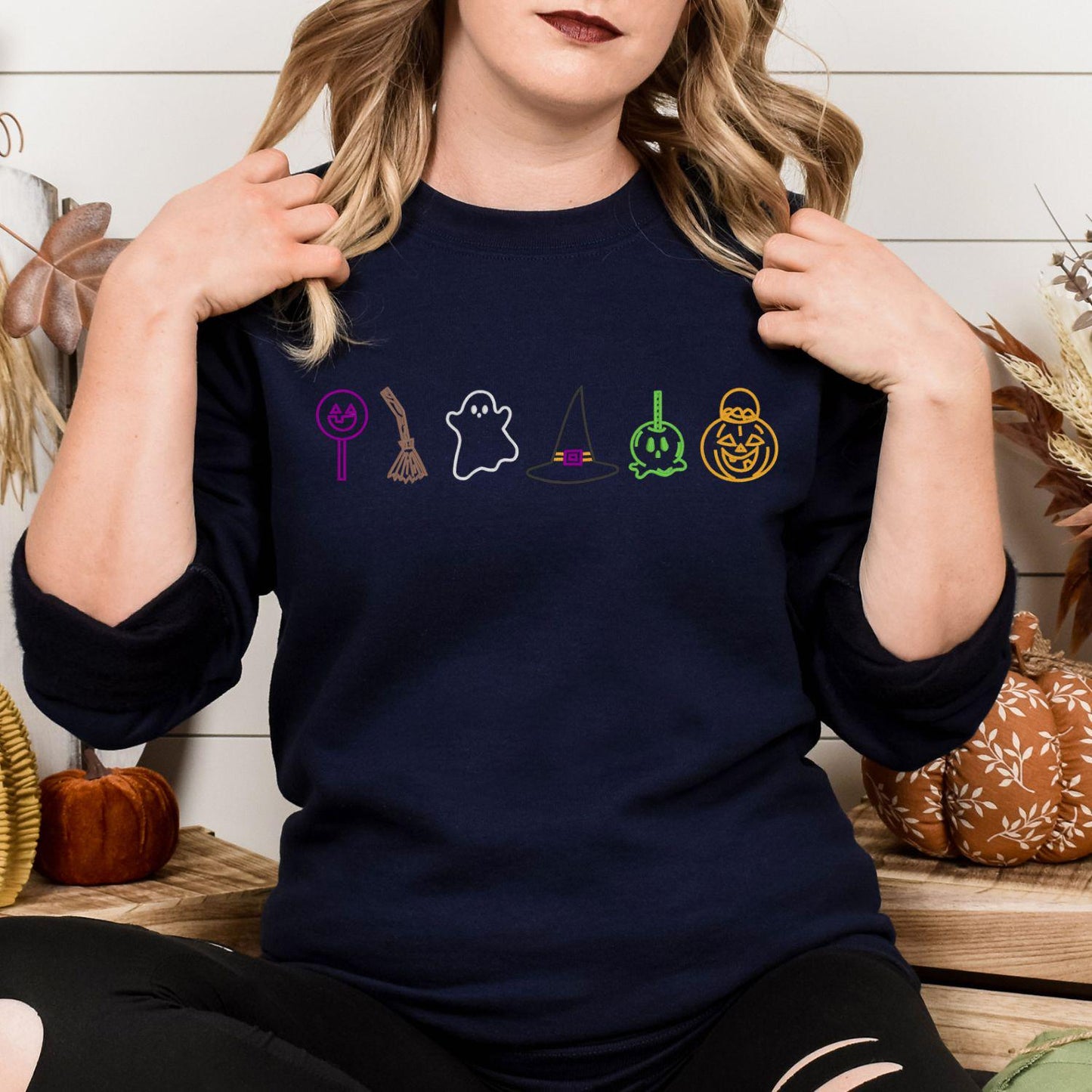 Halloween Candy Ghost Witch Hat Pumpkin Sweatshirt – Cute Fall Embroidery Shirt – Cozy Autumn Crewneck for Spooky Season