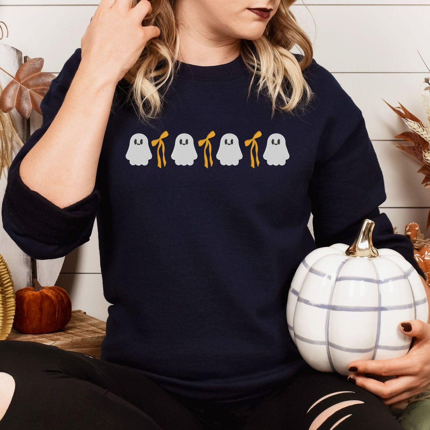Cute Ghost and Bow Embroidery Sweatshirt • Halloween Crewneck • Fall Ghost Shirt • Cozy Autumn Embroidered Pullover for Women