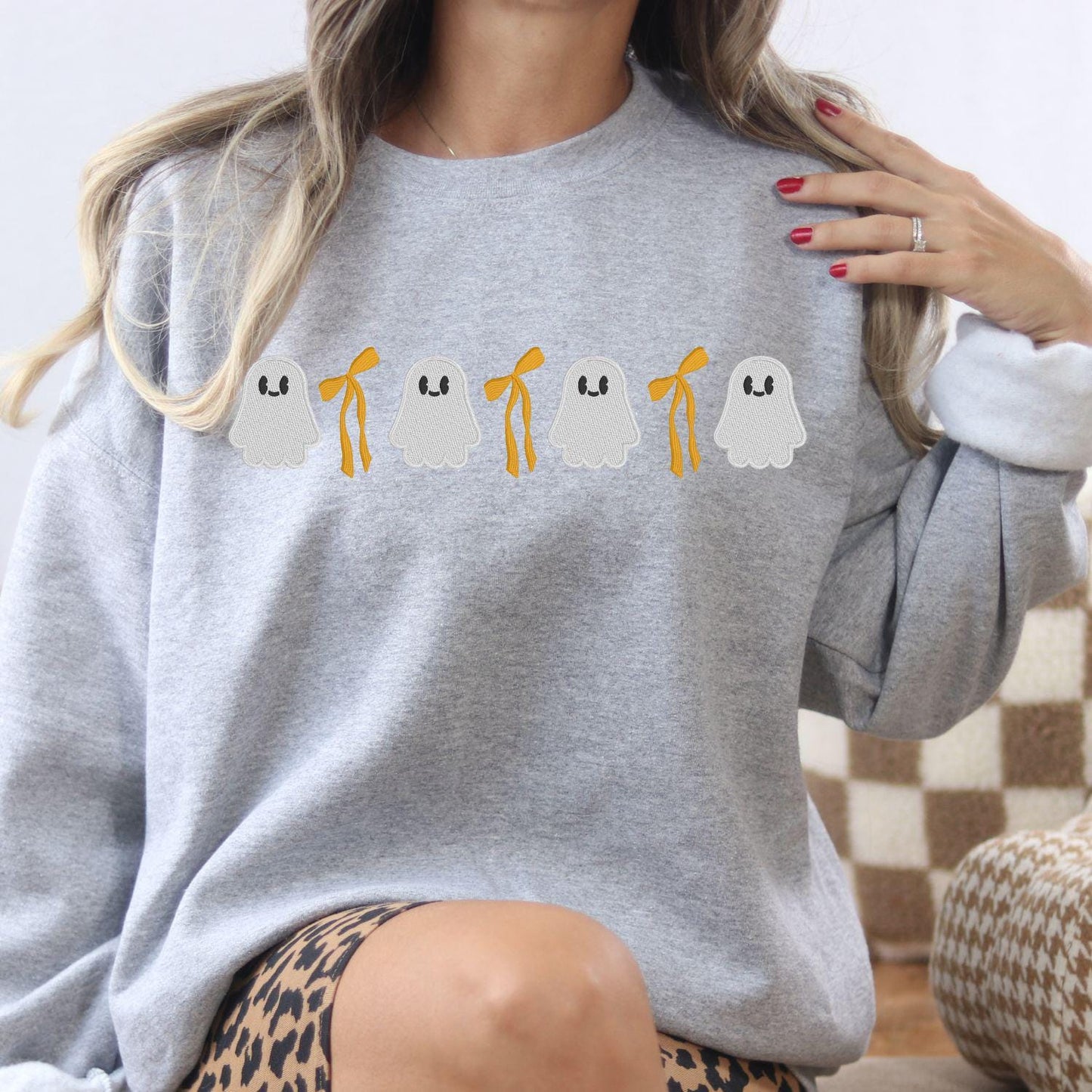 Cute Ghost and Bow Embroidery Sweatshirt • Halloween Crewneck • Fall Ghost Shirt • Cozy Autumn Embroidered Pullover for Women