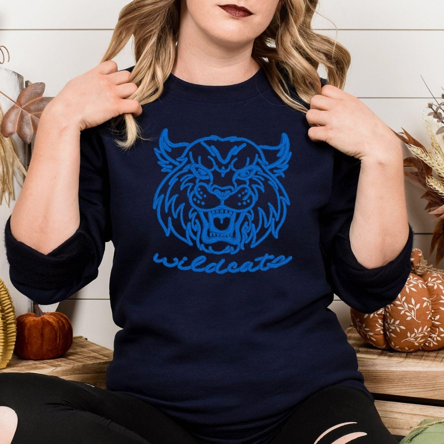 Embroidered Vintage Wildcat Mascot Crewneck Sweatshirt | Unisex School Spirit Team Apparel | Custom Sports Game Day Outfit | Gift for Fans