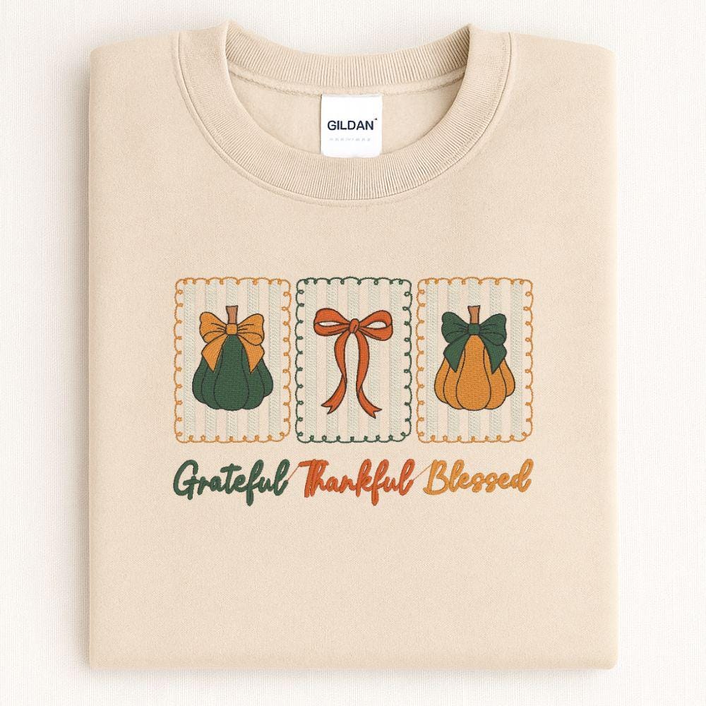 Grateful Thankful Blessed Embroidered Sweatshirt | Fall Pumpkin Crewneck | Cozy Thanksgiving Shirt | Autumn Harvest Outfit | Gift