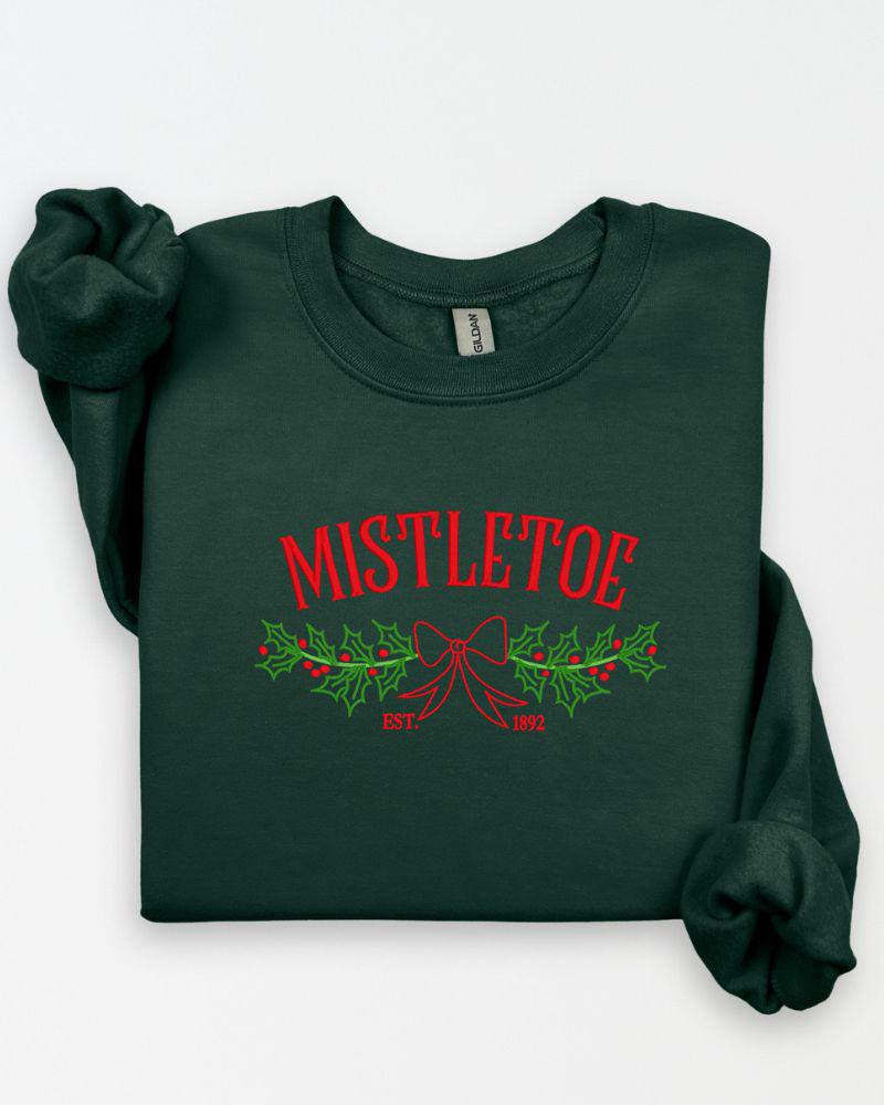 Mistletoe Christmas Sweatshirt – Embroidered Holiday Bow & Greenery Crewneck – Cozy Farmhouse Holiday Sweater Gift