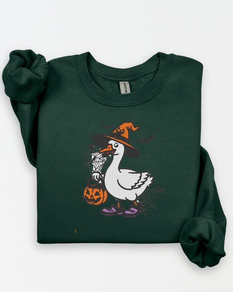 Halloween Goose Embroidered Sweatshirt | Witch Goose Crewneck | Spooky Fall Pullover | Cute Autumn Embroidery Sweater