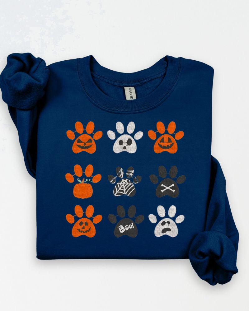 Halloween Embroidered Paw Print Sweatshirt – Cute Fall Dog Lover Shirt, Spooky Pumpkin & Ghost Design, Unisex Cozy Autumn Crewneck