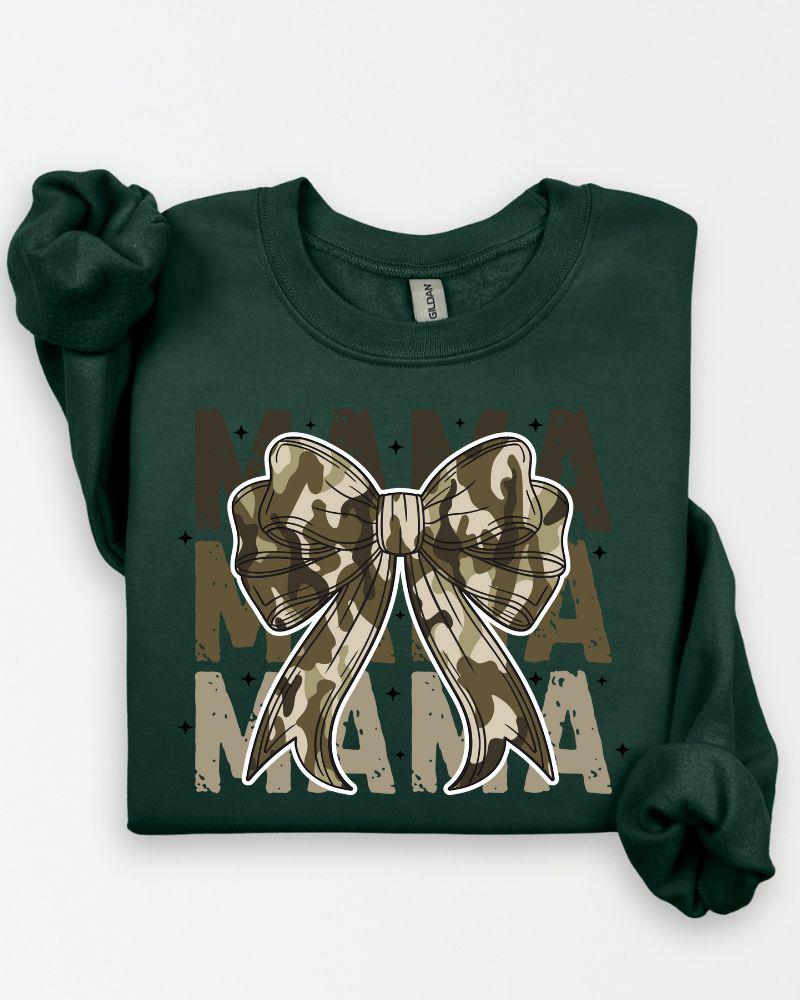 Camo MAMA Sweatshirt with Bow – Trendy Mom Crewneck, Cozy Fall Pullover
