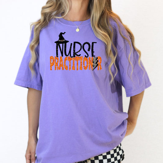 Halloween Nurse Practitioner Graphic Tee – Witch Hat & Lightning Bolt Design – Purple Unisex DTG Shirt