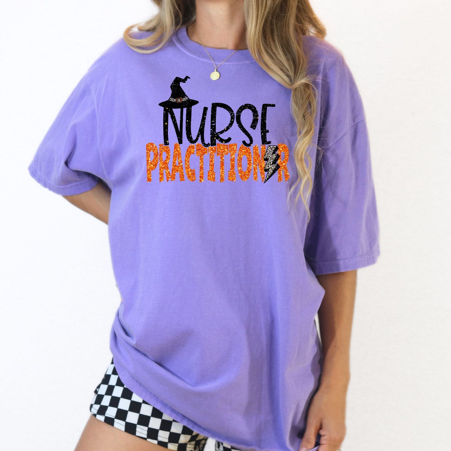 Halloween Nurse Practitioner Graphic Tee – Witch Hat & Lightning Bolt Design – Purple Unisex DTG Shirt