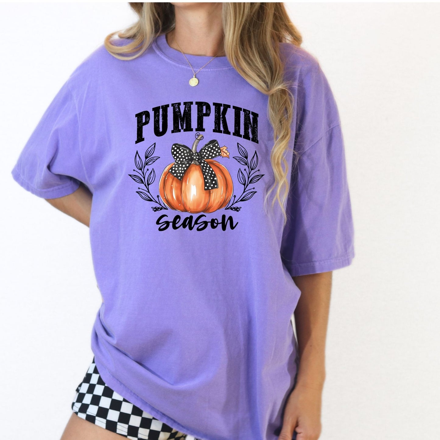 Fall Pumpkin Season Graphic Tee – Autumn Harvest Shirt with Bow – Direct-to-Garment Print, Cozy Fall Outfit