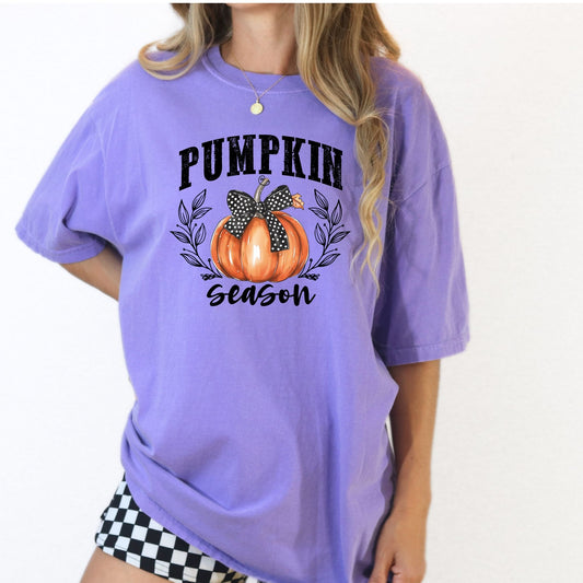 Fall Pumpkin Season Graphic Tee – Autumn Harvest Shirt with Bow – Direct-to-Garment Print, Cozy Fall Outfit