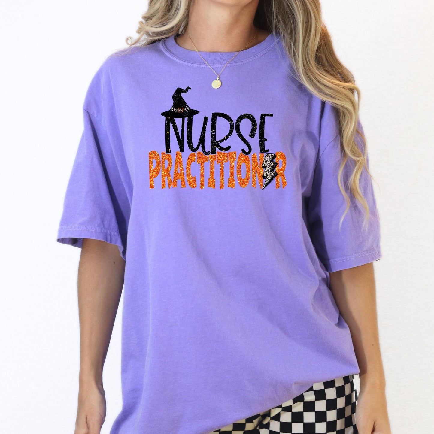 Halloween Nurse Practitioner Graphic Tee – Witch Hat & Lightning Bolt Design – Purple Unisex DTG Shirt