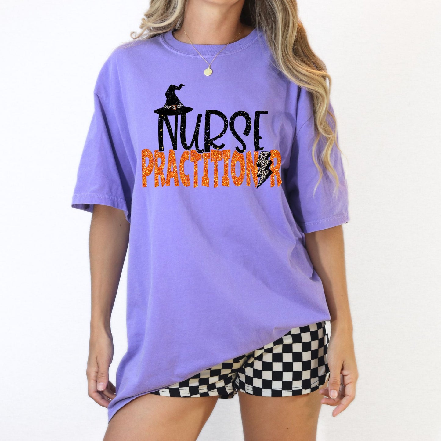 Halloween Nurse Practitioner Graphic Tee – Witch Hat & Lightning Bolt Design – Purple Unisex DTG Shirt