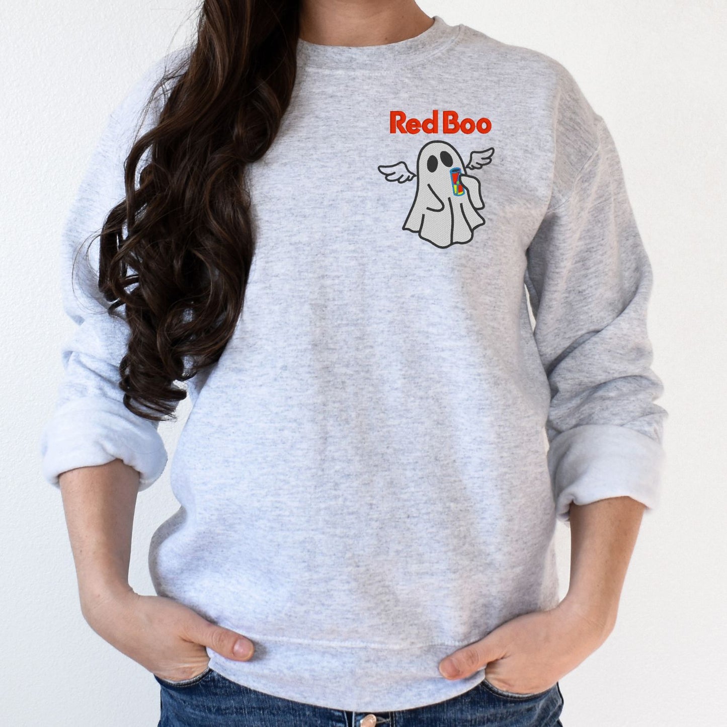 Cute Ghost with Drink Embroidered Sweatshirt – Whimsical Winged Ghost Design