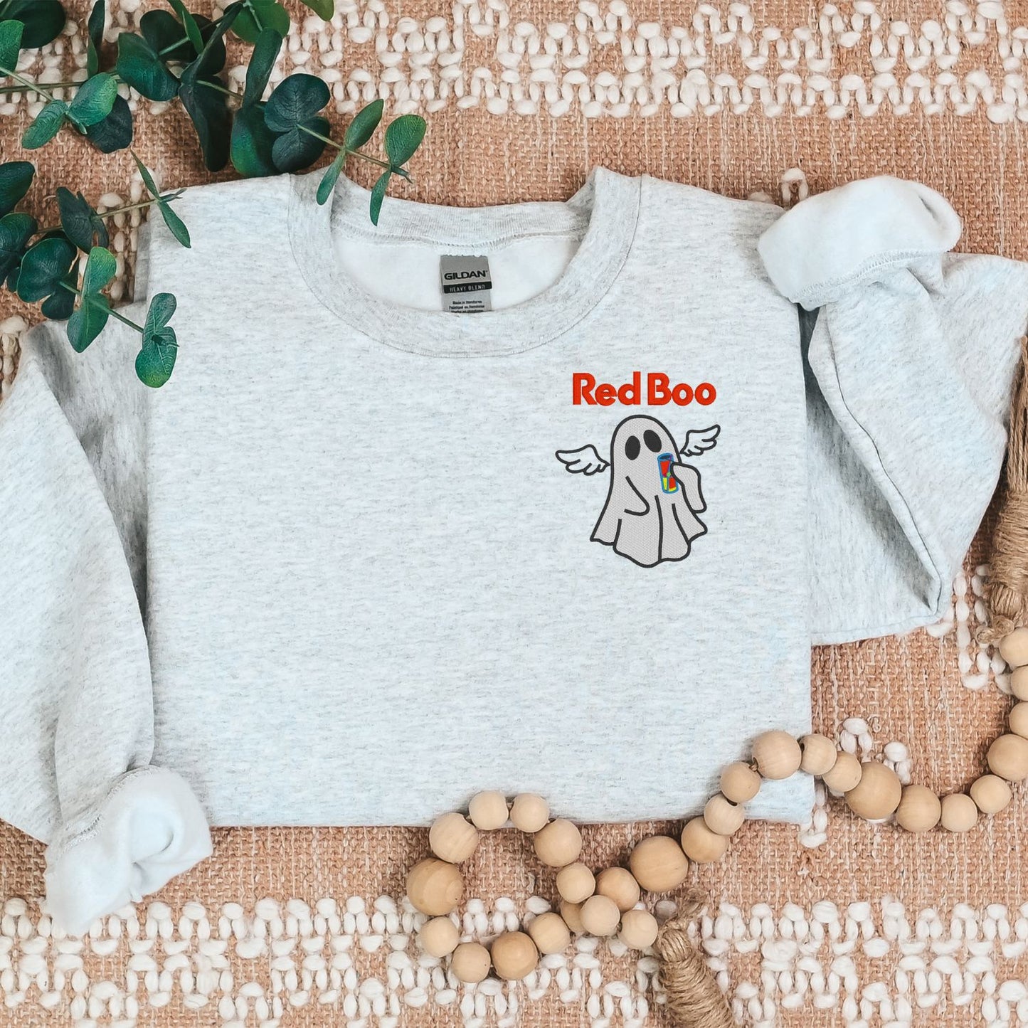 Cute Ghost with Drink Embroidered Sweatshirt – Whimsical Winged Ghost Design