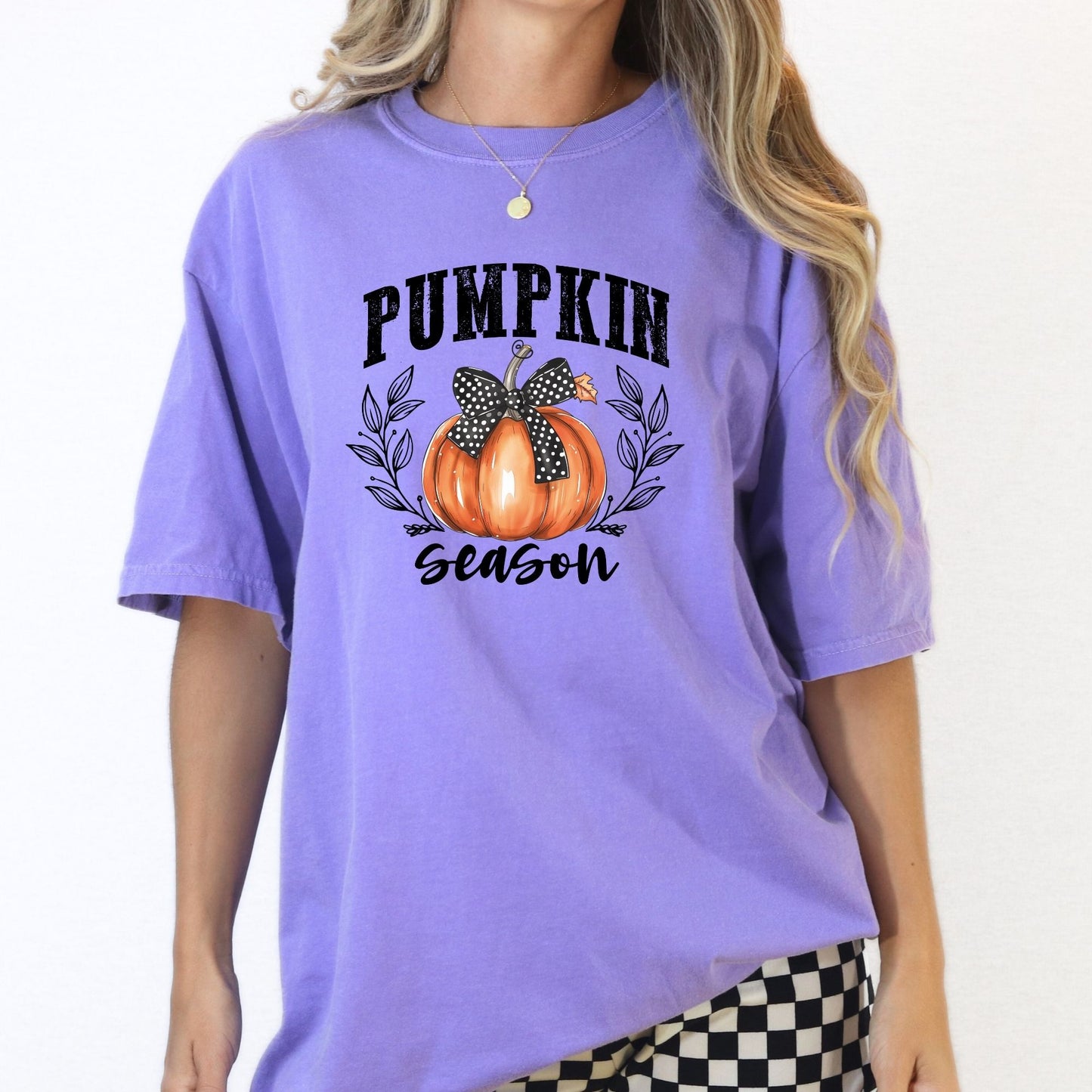 Fall Pumpkin Season Graphic Tee – Autumn Harvest Shirt with Bow – Direct-to-Garment Print, Cozy Fall Outfit