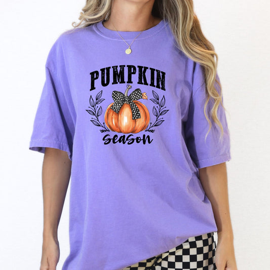 Fall Pumpkin Season Graphic Tee – Autumn Harvest Shirt with Bow – Direct-to-Garment Print, Cozy Fall Outfit