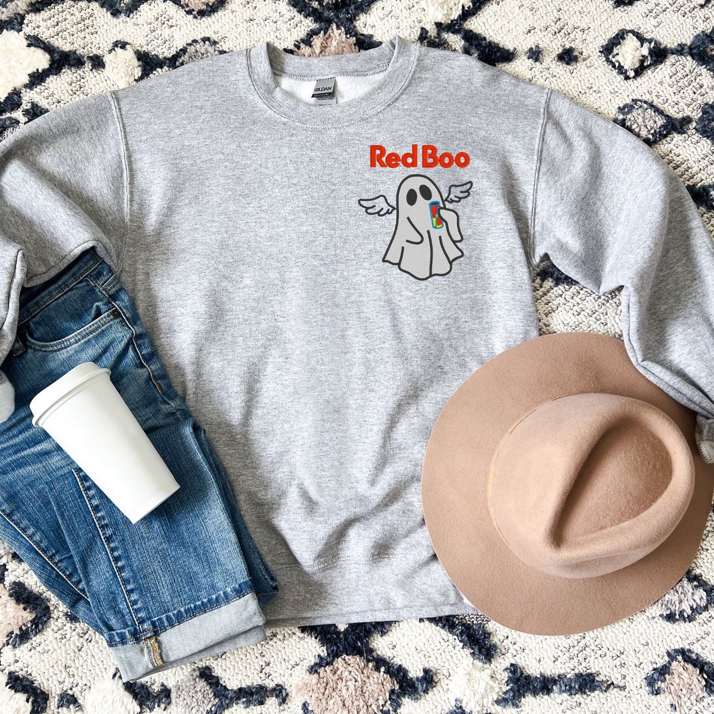 Cute Ghost with Drink Embroidered Sweatshirt – Whimsical Winged Ghost Design