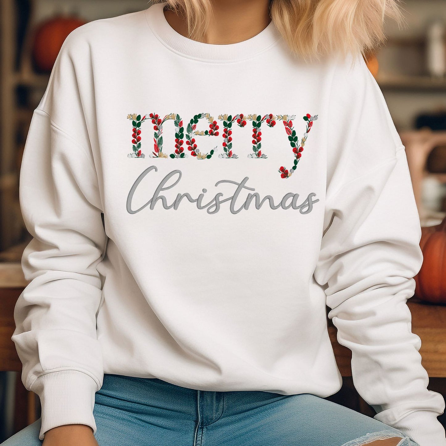 Merry Christmas holly Embroidery Crewneck, Holiday Winter Christmas Gift For Mom Or Girlfriend