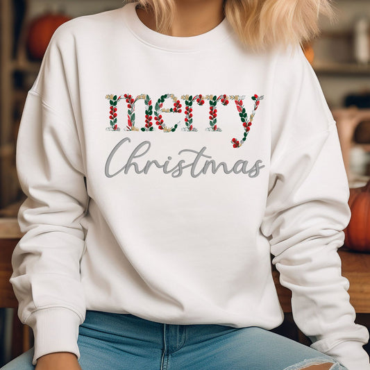Merry Christmas holly Embroidery Crewneck, Holiday Winter Christmas Gift For Mom Or Girlfriend