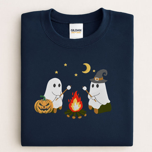 Campfire Ghost Embroidered Sweatshirt | Cute Fall Crewneck | Spooky Season Cozy Pullover