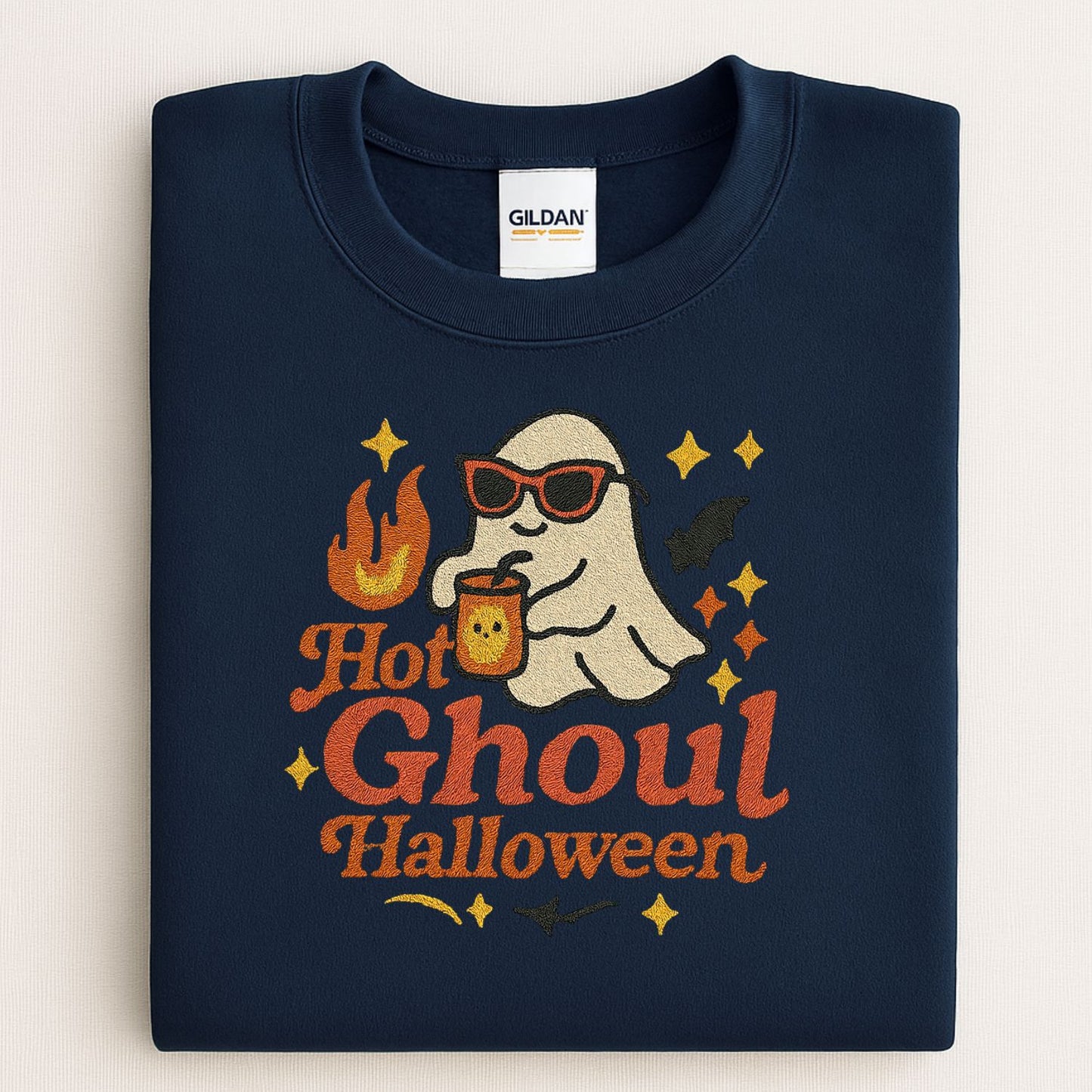 Hot Ghoul Halloween Embroidered Sweatshirt | Cozy Fall Ghost Crewneck | Spooky Season Pullover for Women