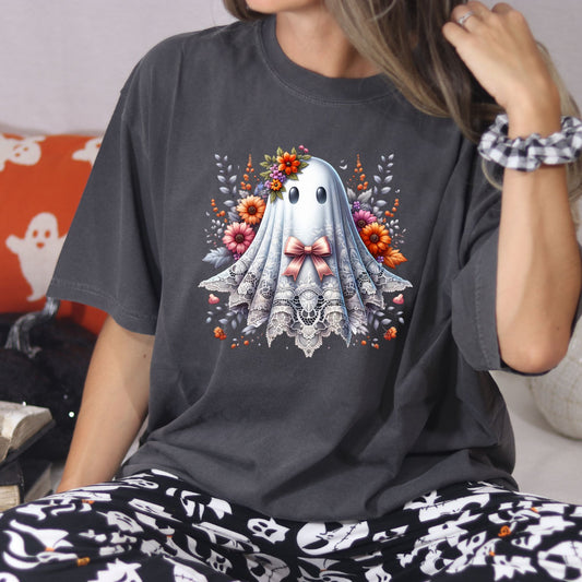 Vintage Lace Ghost with Fall Florals Graphic Tee – DTG Printed Soft Comfort Colors Shirt
