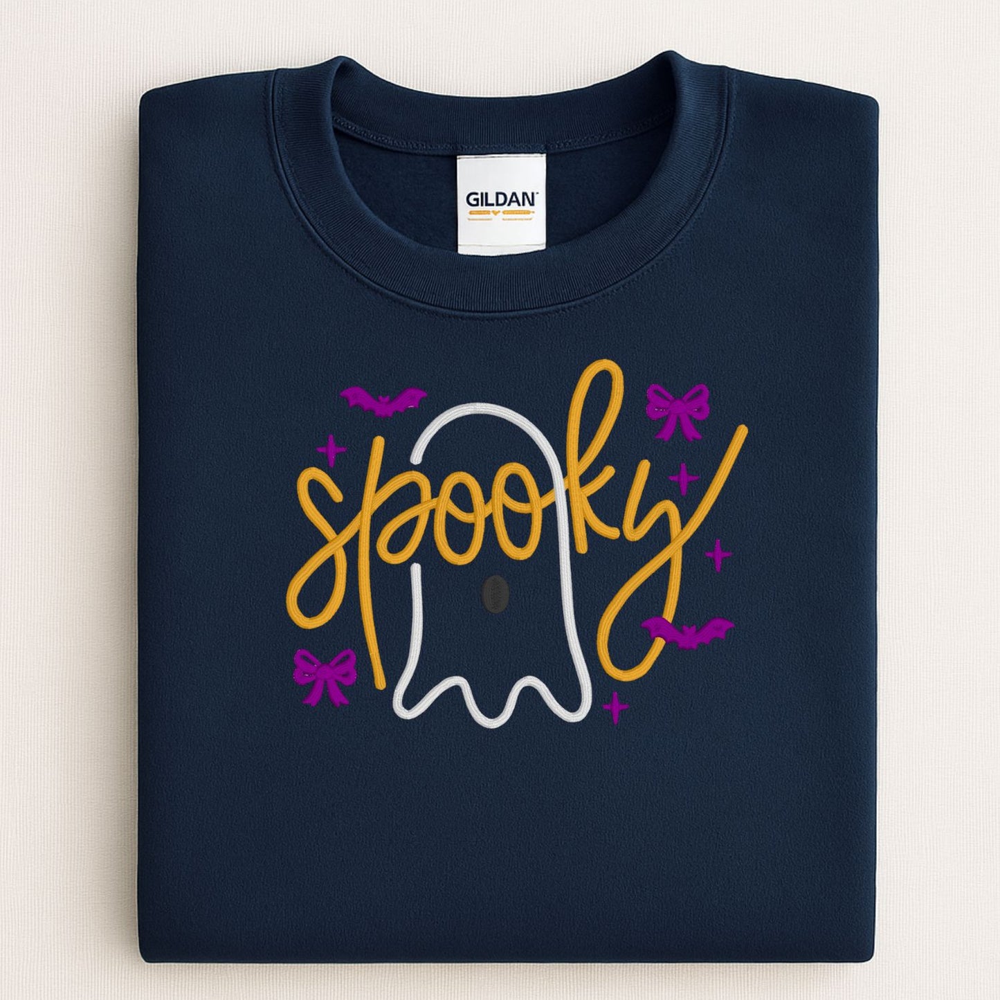 Spooky Cute Ghost Bow Embroidered Halloween Sweatshirt – Cozy Fall Crewneck for Women