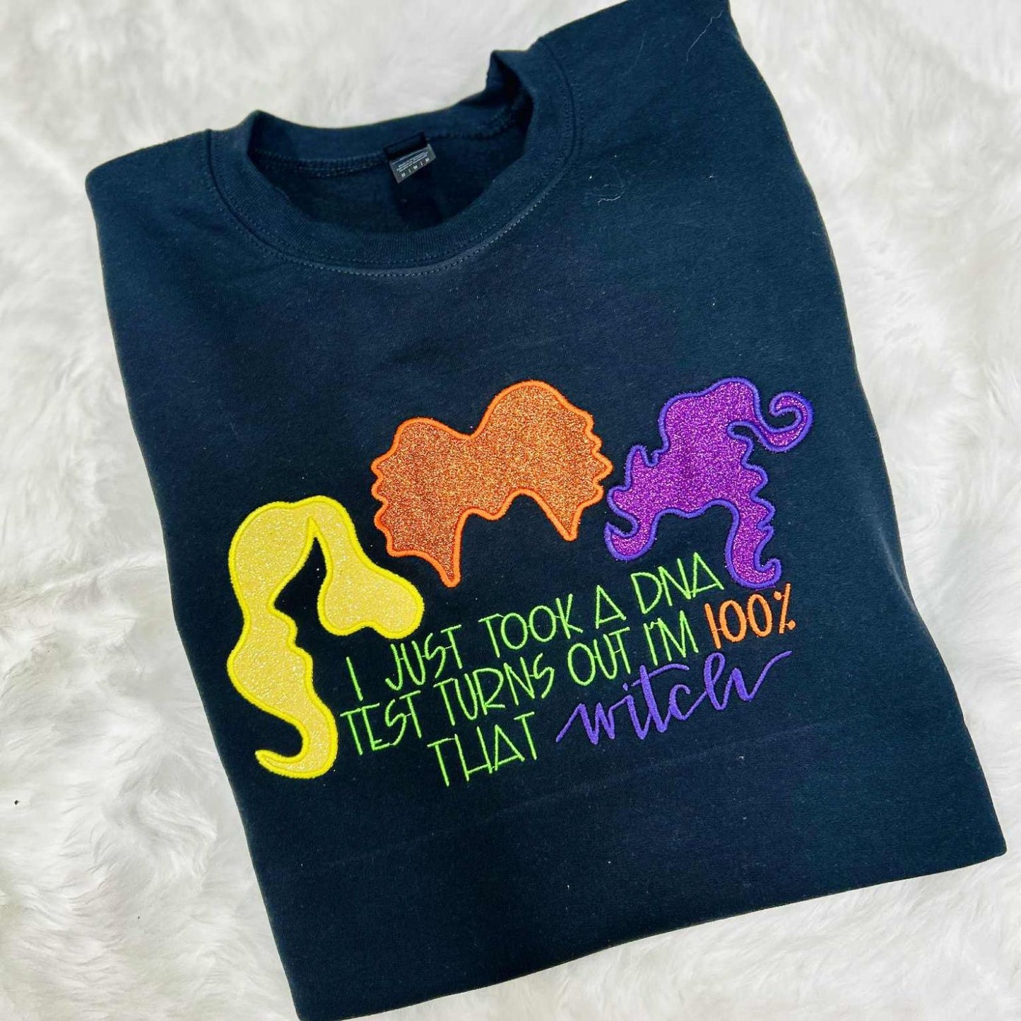 Colorful Glitter Hair Trio Embroidery Applique Sweatshirt – Fall & Halloween Cozy Crewneck