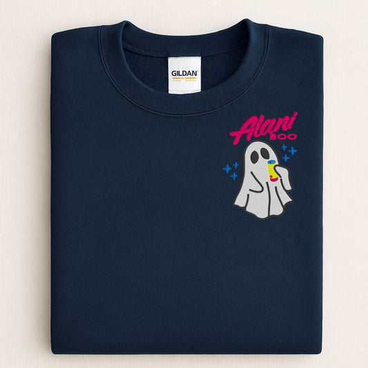 Cozy Ghost Embroidered Sweatshirt – Cute Halloween Pullover with Drink – Fall Autumn Spirit Crewneck – Spooky Season Embroidery Shirt