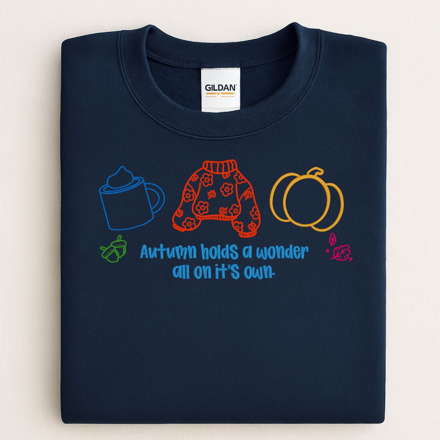 Cozy Autumn Embroidered Sweatshirt – Fall Sweater, Pumpkin, and Coffee Outline – Autumn Quote Embroidery Gift