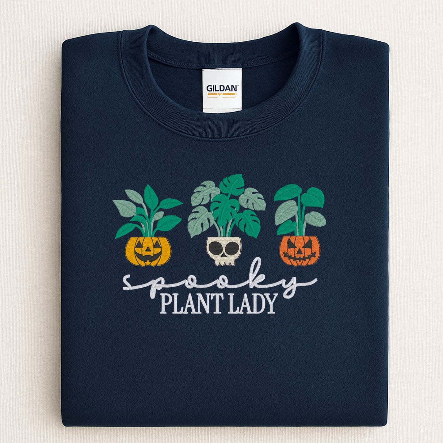 Spooky Plant Lady Halloween Sweatshirt – Jack-o'-Lantern Embroidery – Plant Mom Fall Crewneck