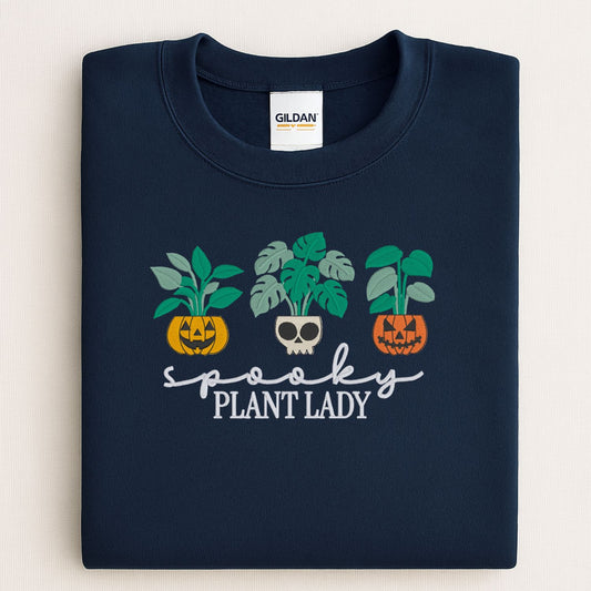 Spooky Plant Lady Halloween Sweatshirt – Jack-o'-Lantern Embroidery – Plant Mom Fall Crewneck