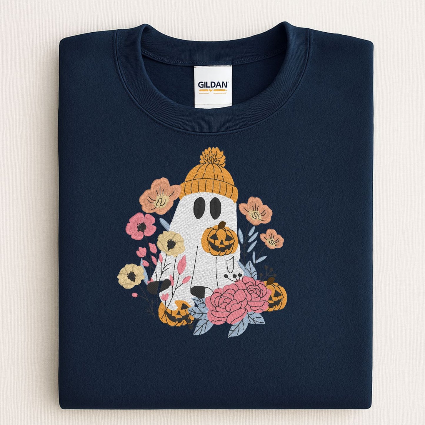 Floral Ghost Sweatshirt – Cozy Fall Embroidered Halloween Pullover