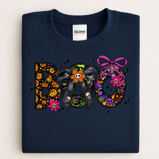 BOO Halloween Shirt – Cute Spooky Bow Graphic Tee | Colorful Pumpkin & Skull Shirt | Pastel Goth Halloween Shirt | Purple Fall Aesthetic Tee