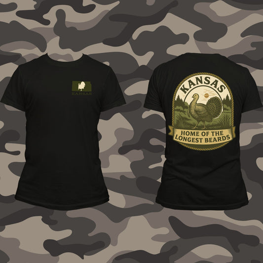 Kansas Turkey Hunting Shirt – “Home of the Longest Beards” Vintage Graphic Tee | Hunting Apparel for Men & Women | Outdoor Sportsman Gift