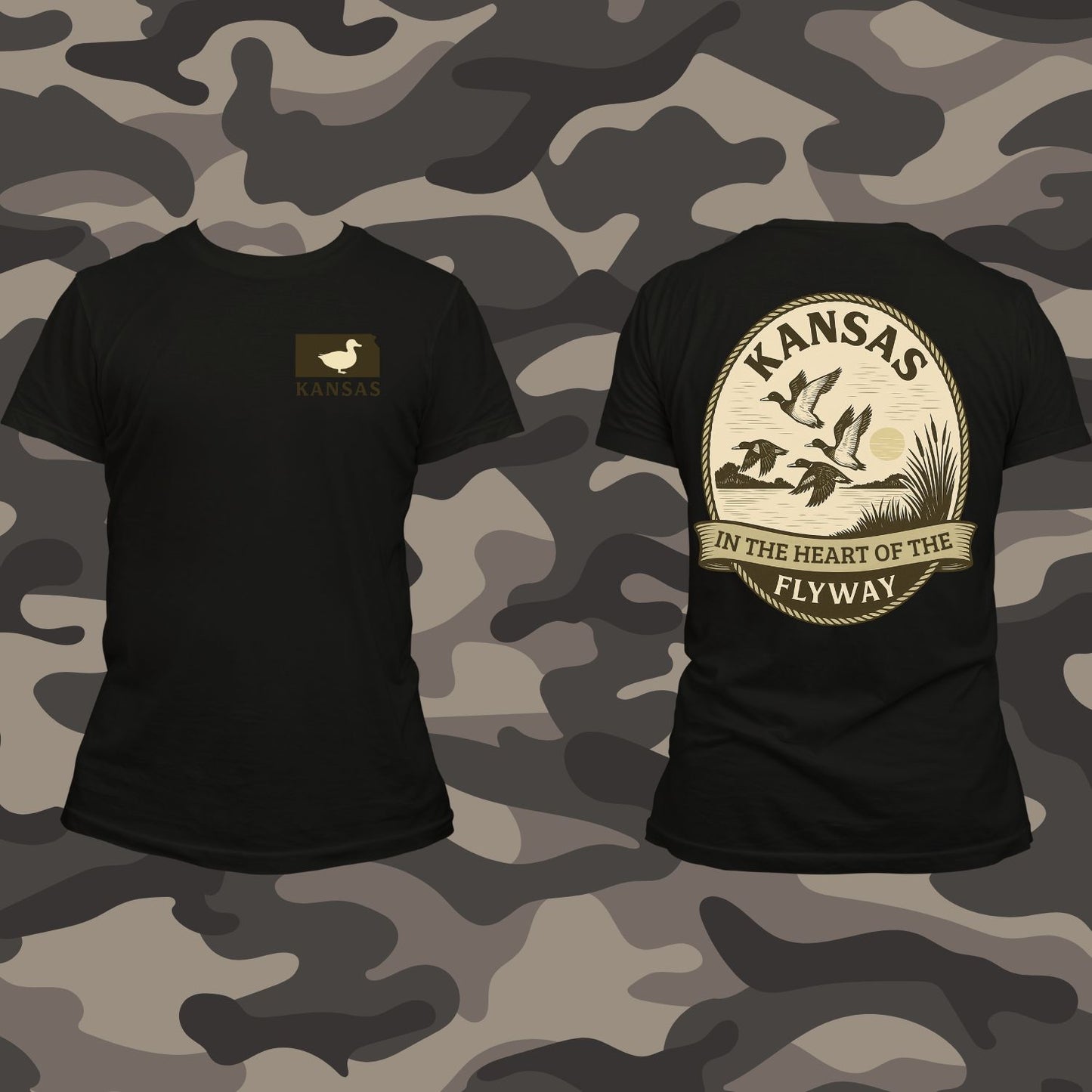 Kansas Duck Hunting T-Shirt – “In the Heart of the Flyway” – Waterfowl Hunter Shirt – Duck Hunting Apparel – Men’s & Women’s Outdoor Camo Style Tee – Gildan Soft Cotton