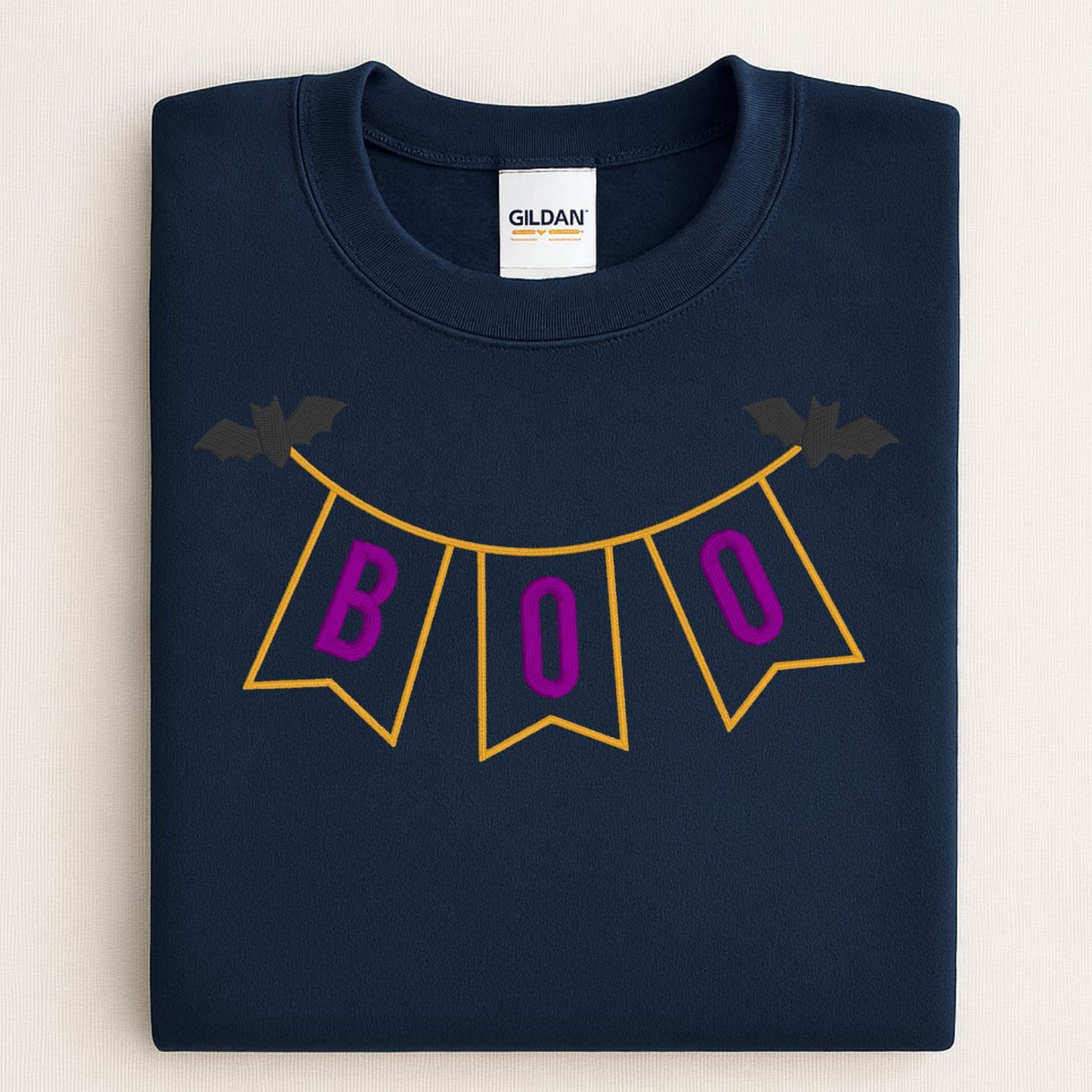 Halloween BOO Banner Applique Embroidery Shirt | Fall Pumpkin Patch Outfit | Spooky Season Sweatshirt | Cute Bats & Pennant Top