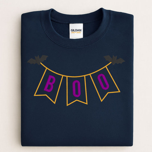 Halloween BOO Banner Applique Embroidery Shirt | Fall Pumpkin Patch Outfit | Spooky Season Sweatshirt | Cute Bats & Pennant Top