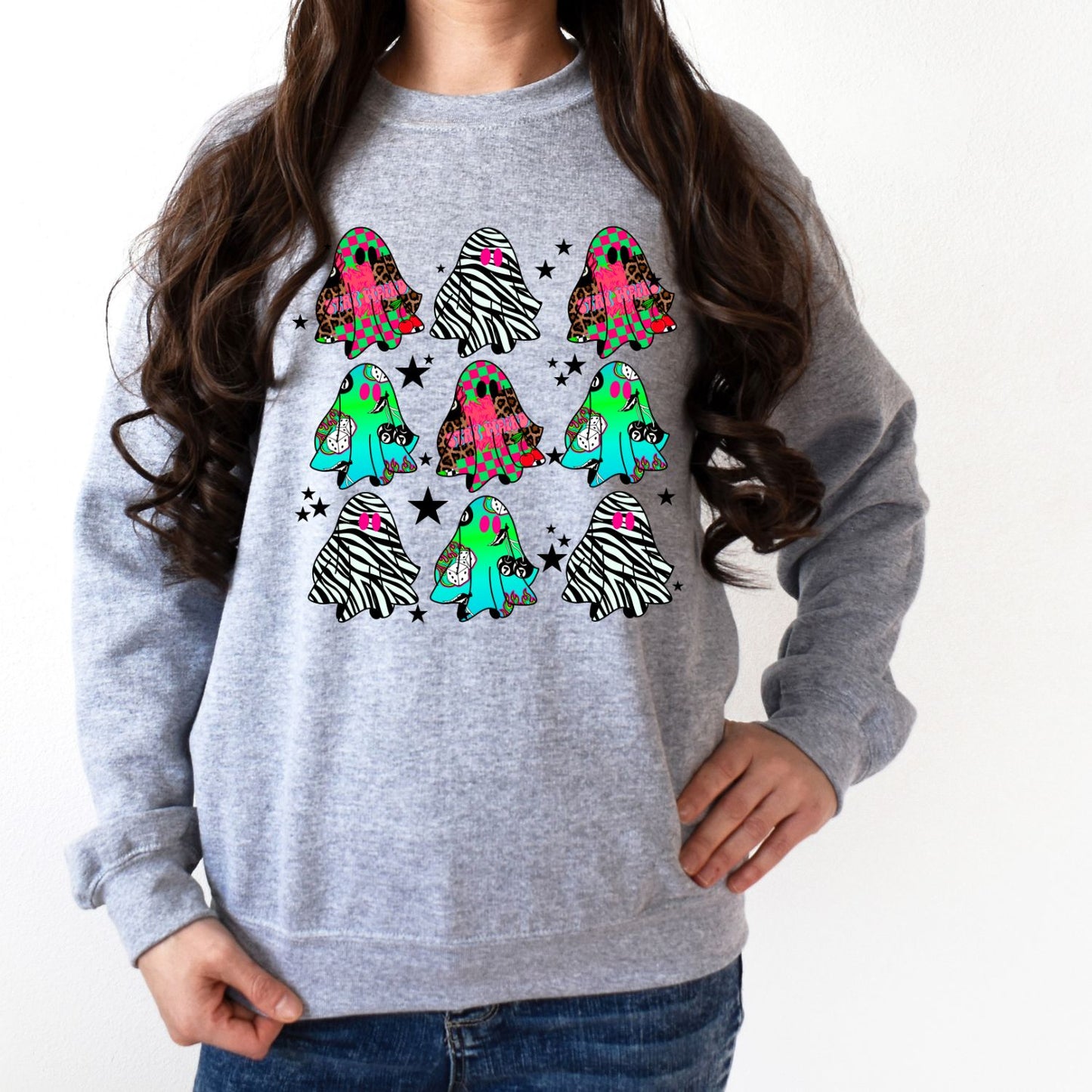 Retro Colorful Ghost Pattern Sweatshirt – DTG Printed Cozy Halloween Crewneck